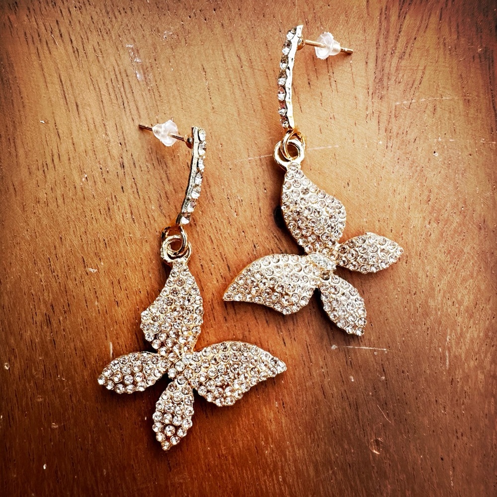 RESTOCK: Gold Butterfly Drop Earrings in White Pavé Crystals.